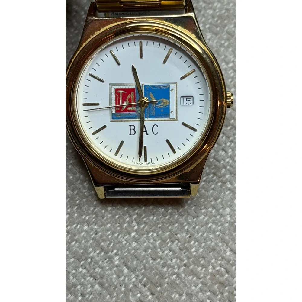 American Time Ltd Union Made‎ Gold Tone Watch BAC Logo Expandable Band 3ATM